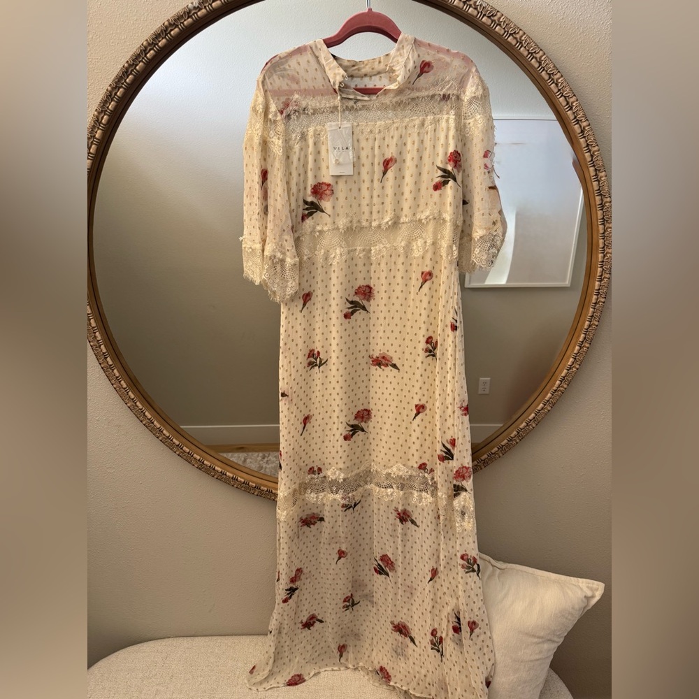 VILA Cream Long Sleeve Off the Shoulder Sundress